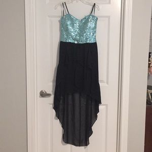 Blue and black sequin top high low strapless dress